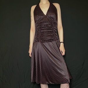 Ruby roxx vintage silky stretchy pink polka dot ruched midi dress retro style